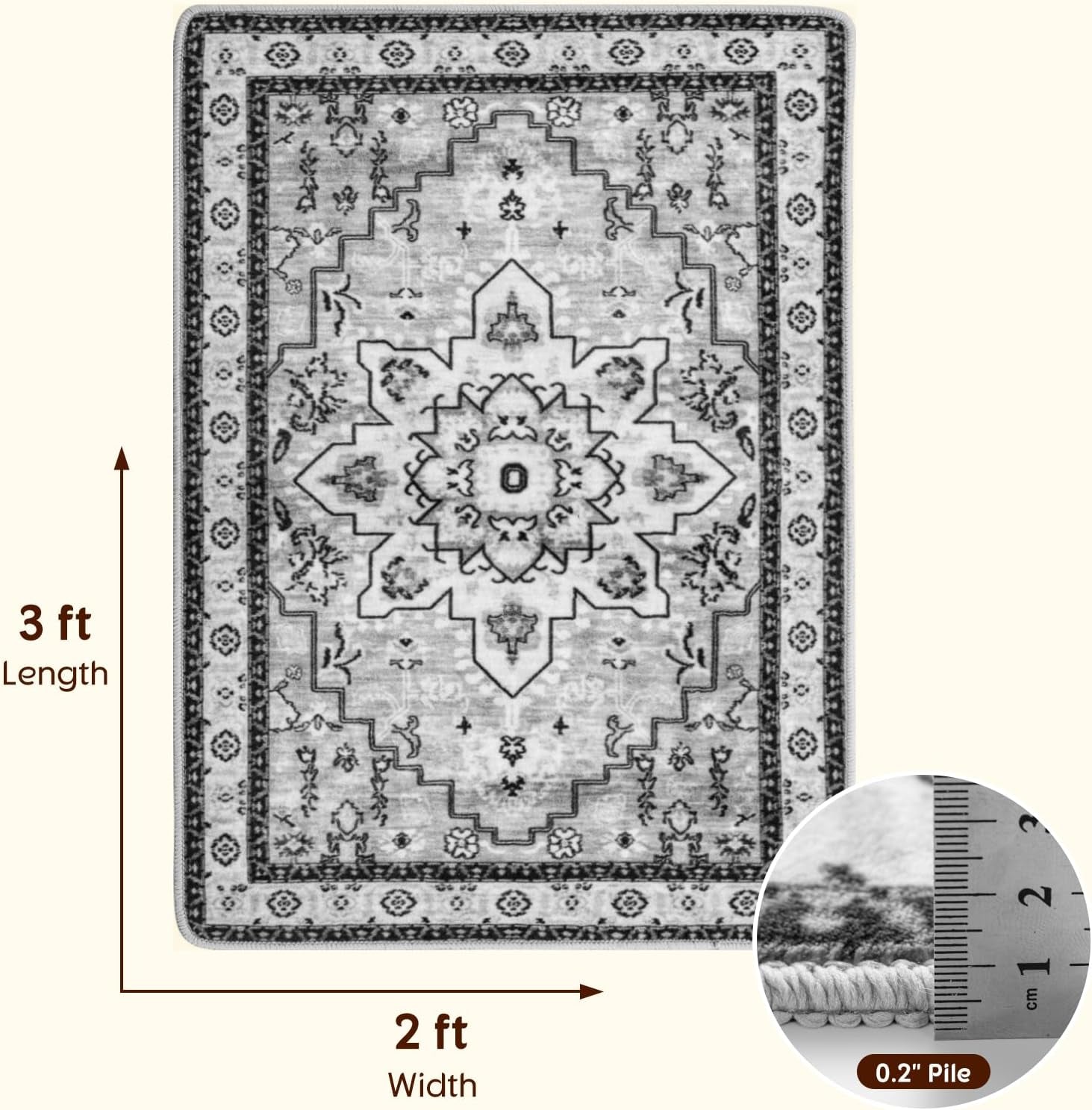 Machine Washable Rug Soft Pet Friendly Carpet 2X3 Gray | Persian Rug 2X3 for Entryway, Kitchen, Bathroom Non Slip Carpet, Foldable Stain Resistant Rugs