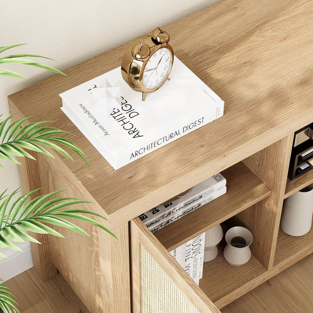 Natural oak boho rattan media console