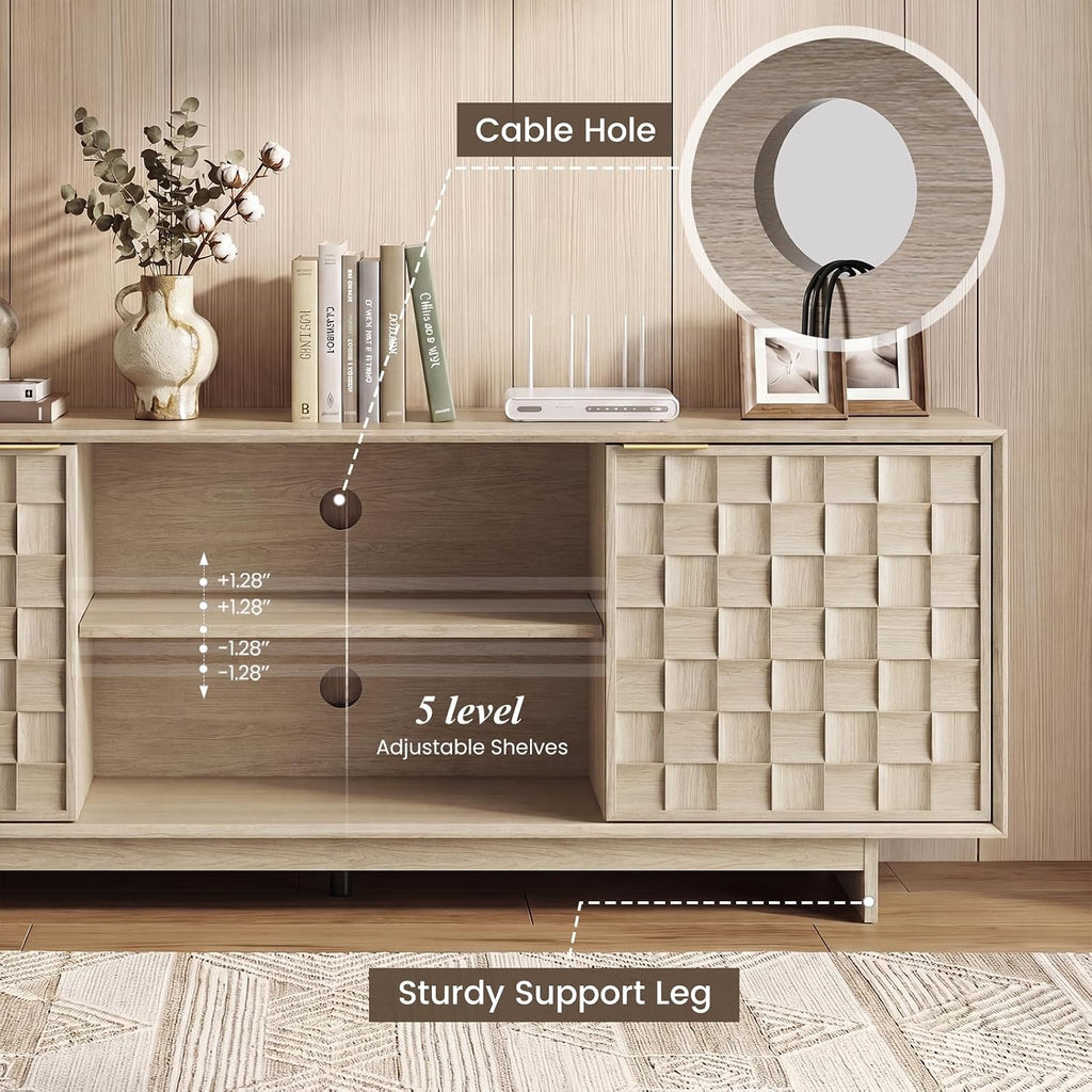 Sunwashed Oak TV Stand for 65 Inch TV, Modern Japandi Entertainment Center with 45° Slim Frame, 59" Scandinavian TV Console Table with Embossed Doors, Media Storage Cabinet, Light Wood Color