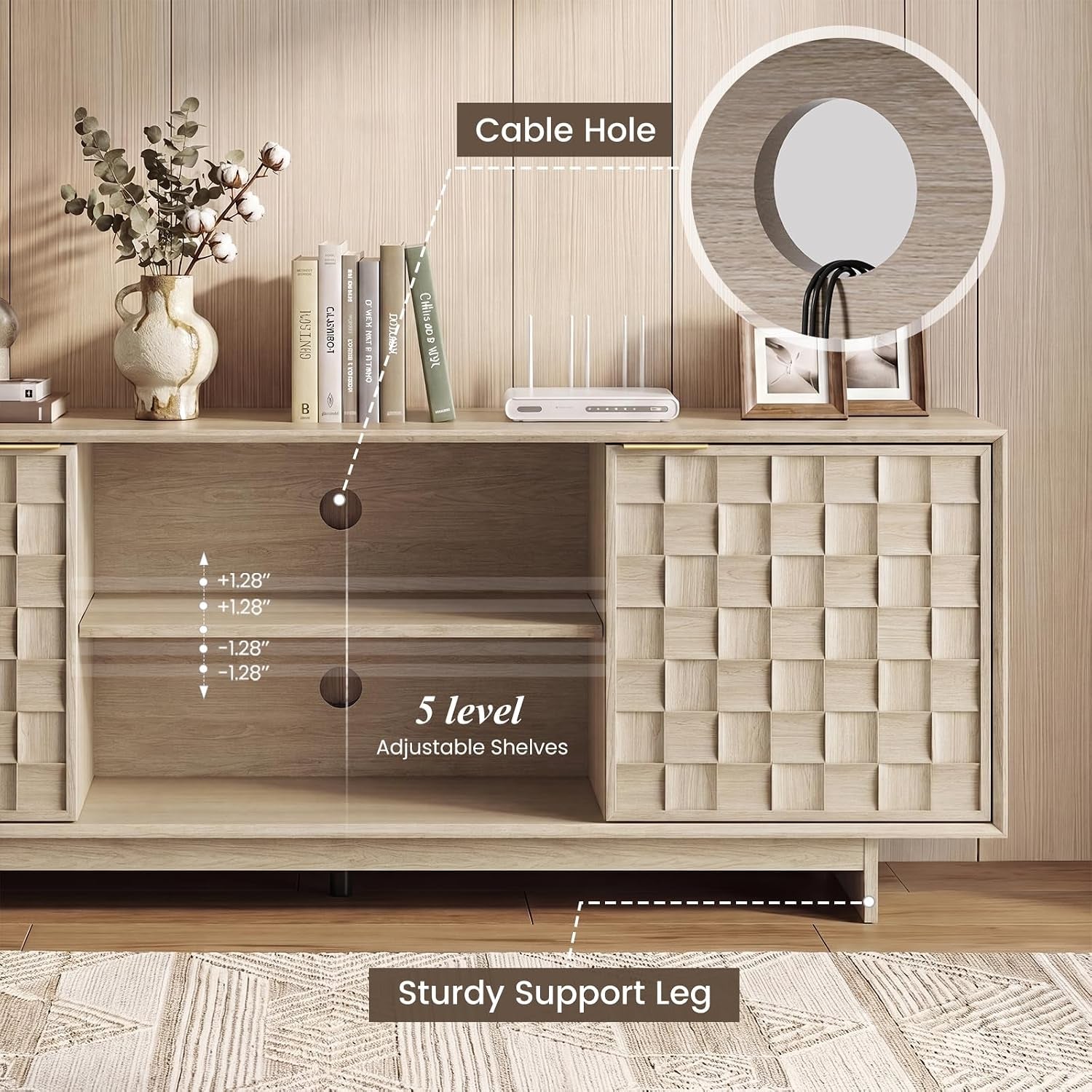 Sunwashed Oak TV Stand for 65 Inch TV, Modern Japandi Entertainment Center with 45° Slim Frame, 59" Scandinavian TV Console Table with Embossed Doors, Media Storage Cabinet, Light Wood Color