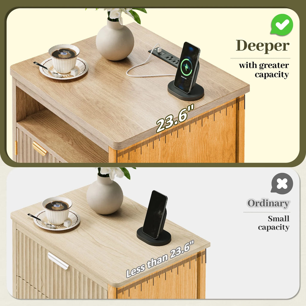 Modern Farmhouse Nightstands, Walnut/Oak Wood Bedside Table with Charging Station & Storage