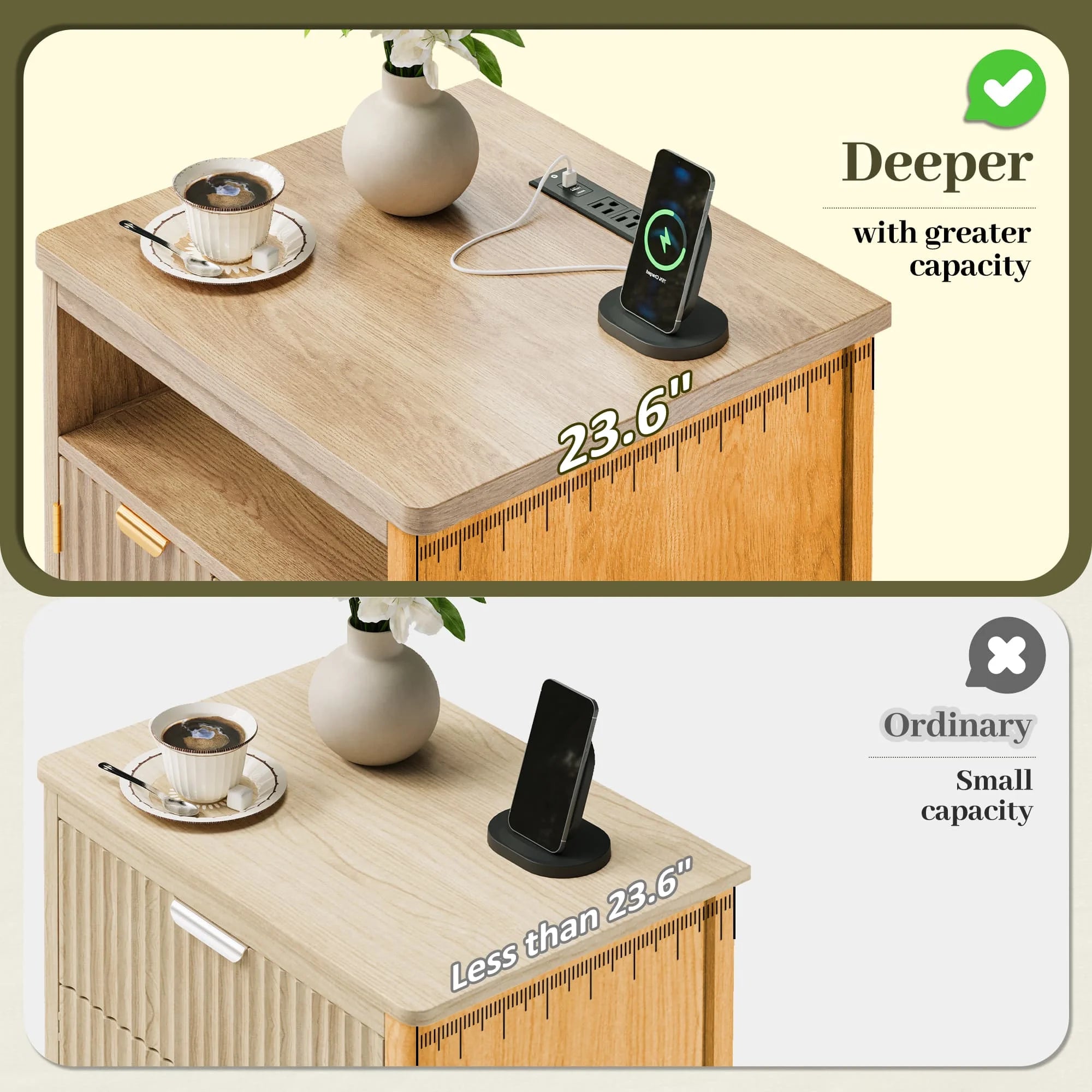 Modern Farmhouse Nightstands, Walnut/Oak Wood Bedside Table with Charging Station & Storage