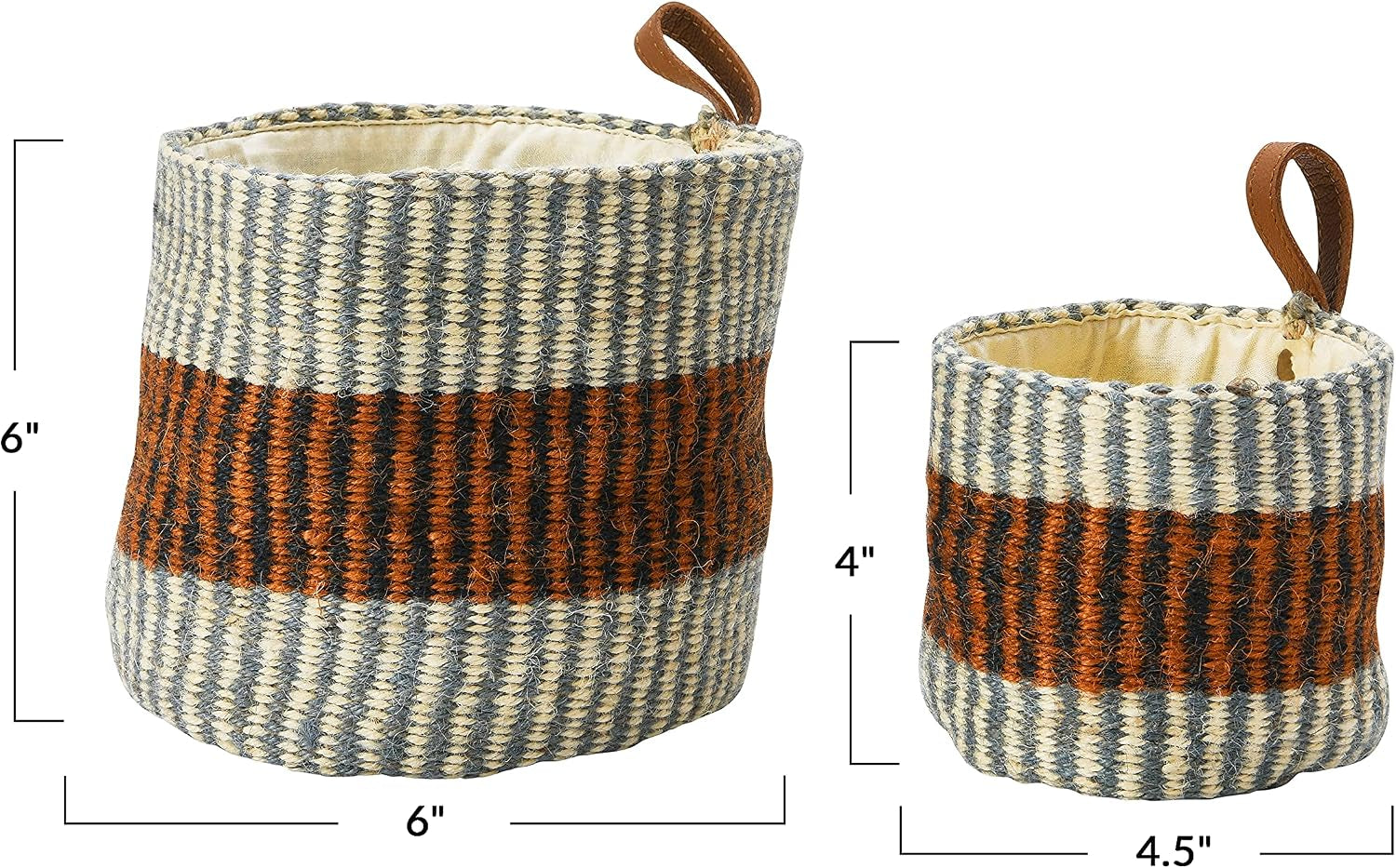 Woven Jute Baskets with Liner, Rust Striped, Set of 2 Sizes