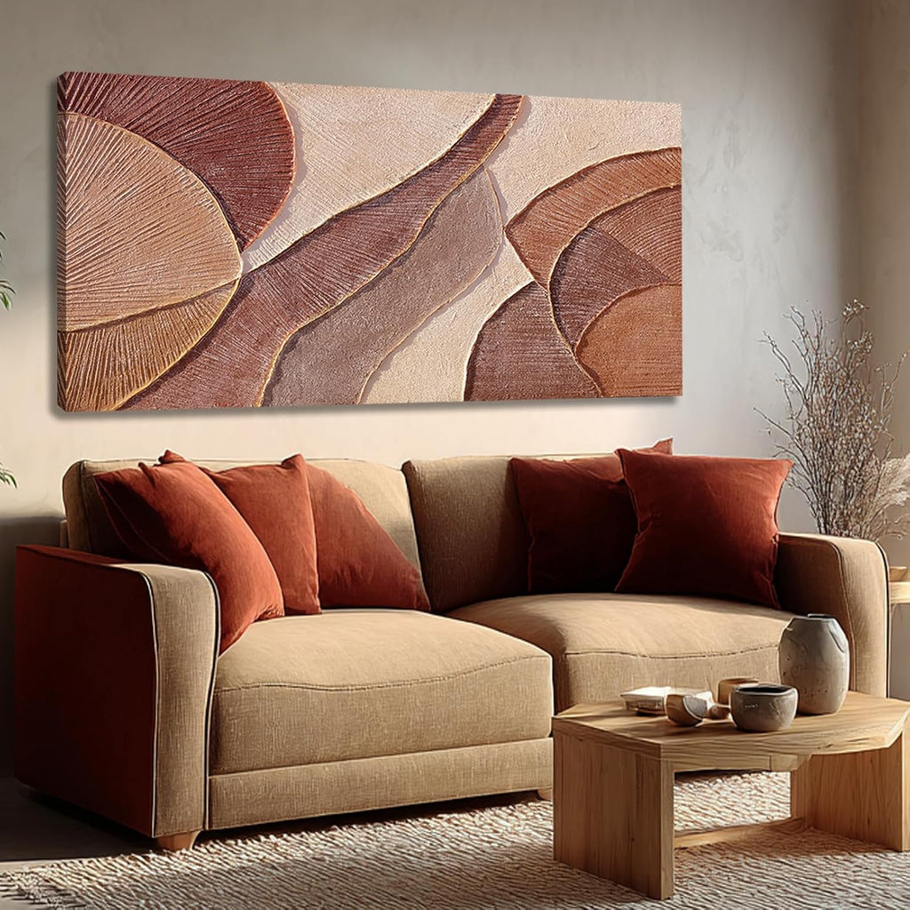 Brown Beige Abstract Wall Art, Hand Painted Oil Painting for Office, Large Textured Horizontal Wall Decor for Living Room Bedroom, 24X48 Inch