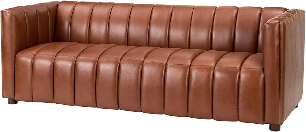 83" Genuine Leather Sofa with Channel Tufted Design, Brown | Modern 3-Seater Couch with Wood Legs, Supportive Seating, Easy Assembly, for Living Room Bedroom Apartment