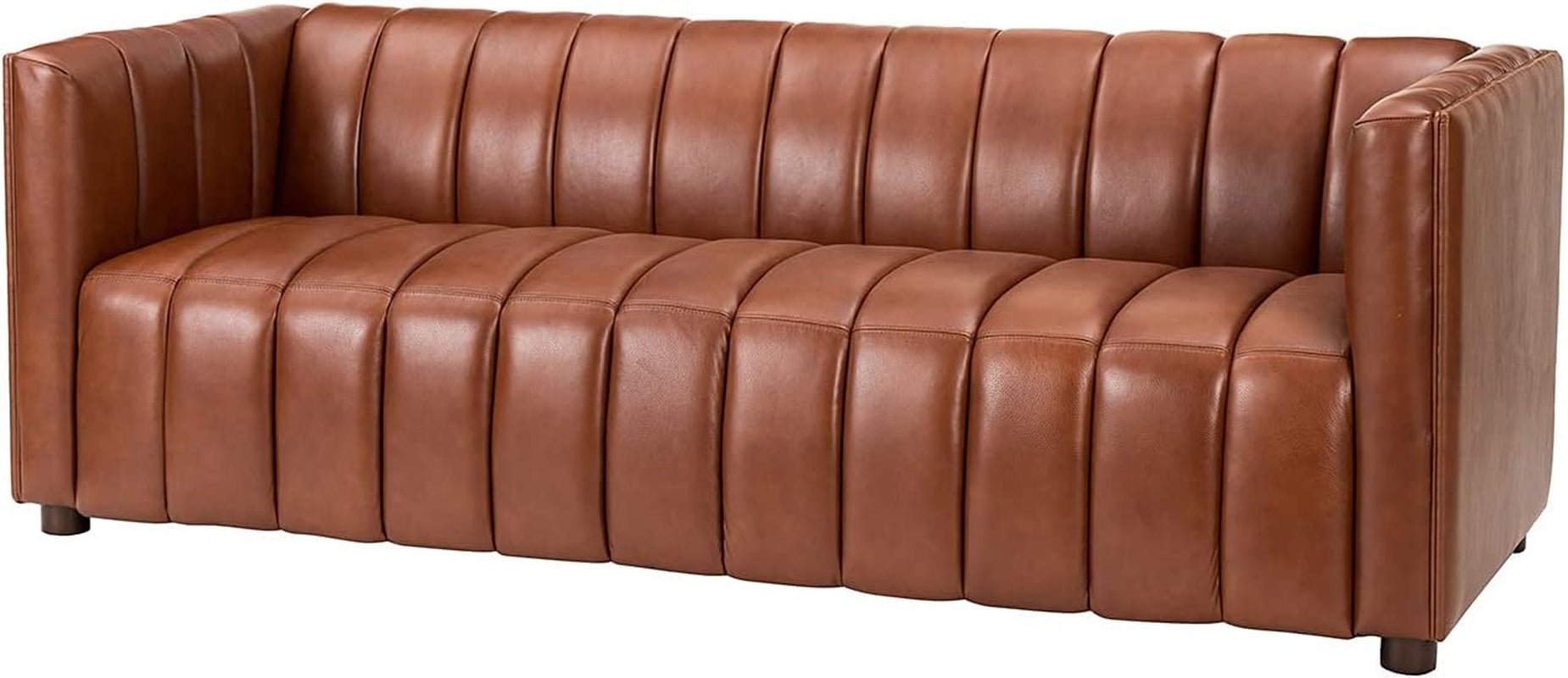 83" Genuine Leather Sofa with Channel Tufted Design, Brown | Modern 3-Seater Couch with Wood Legs, Supportive Seating, Easy Assembly, for Living Room Bedroom Apartment