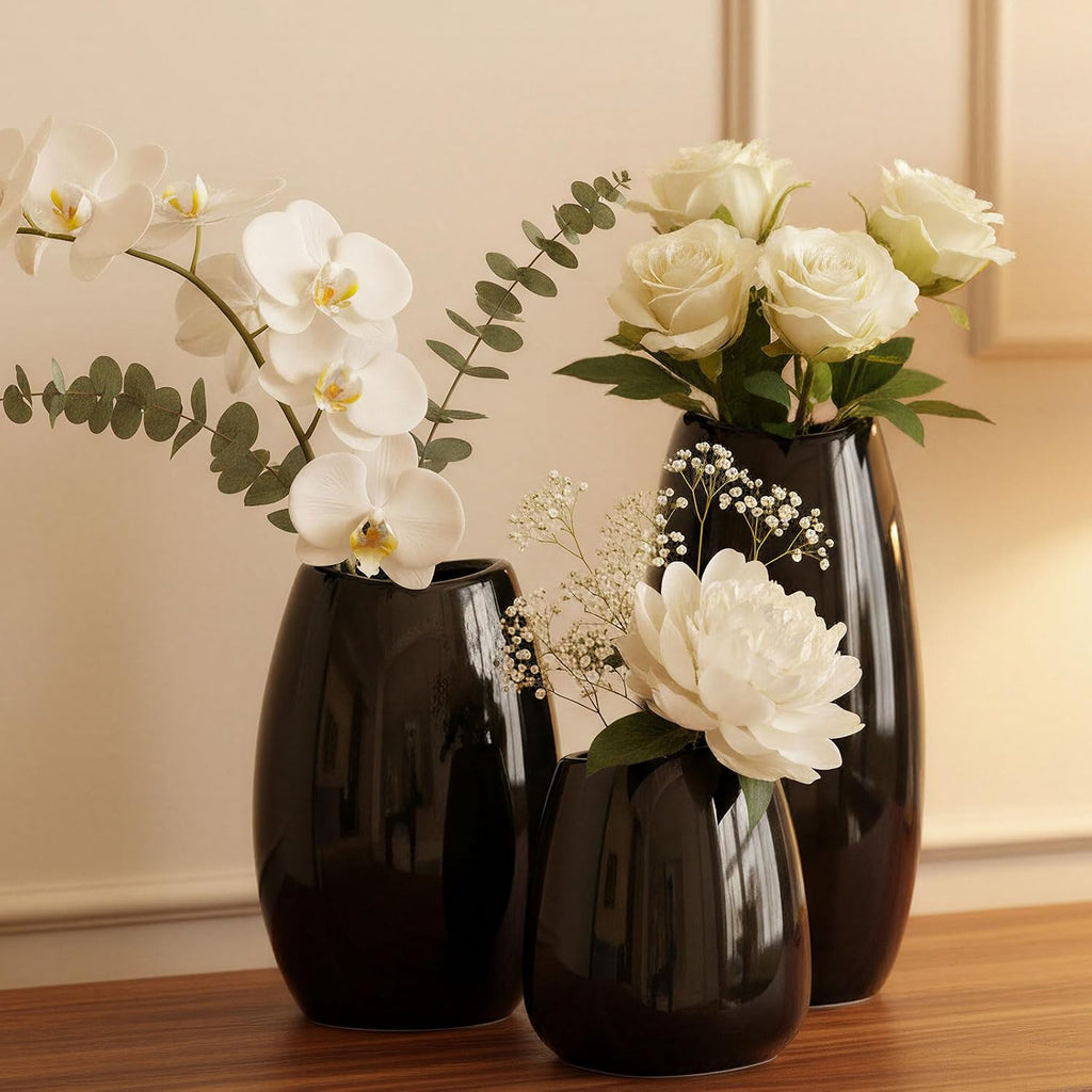 Ceramic Vase Set of 3 Black Flower Vase for Home Decor, Modern Decorative Vase for Flowers/Ideal Shelf Decor/Table/Living Room/Kitchen/Office-Black