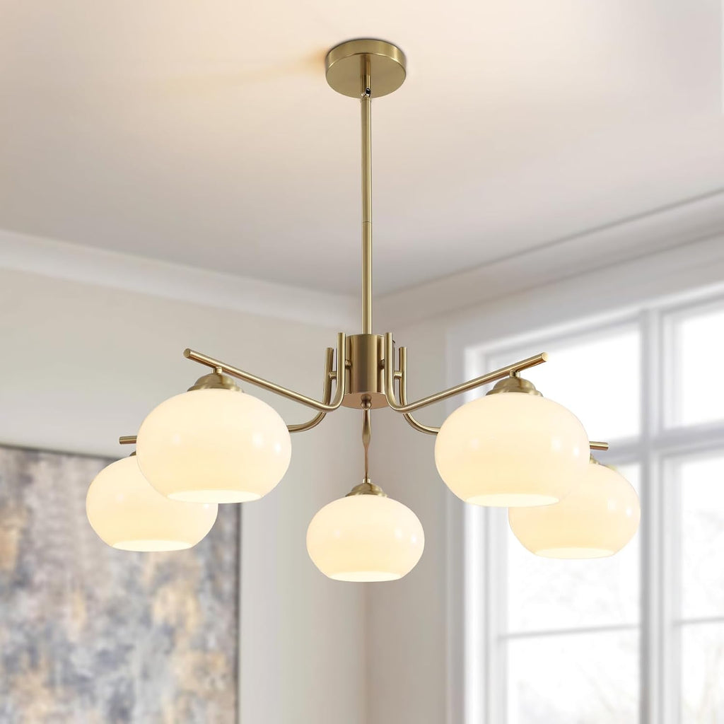 5-Light Brushed Brass Gold White Milk Glass Globe Sputnik Chandelier | 7.1” Shade, Adjustable Height, Mid Century Modern Ceiling Pendant Light Fixture for Dining Room Kitchen Living Room Bedroom