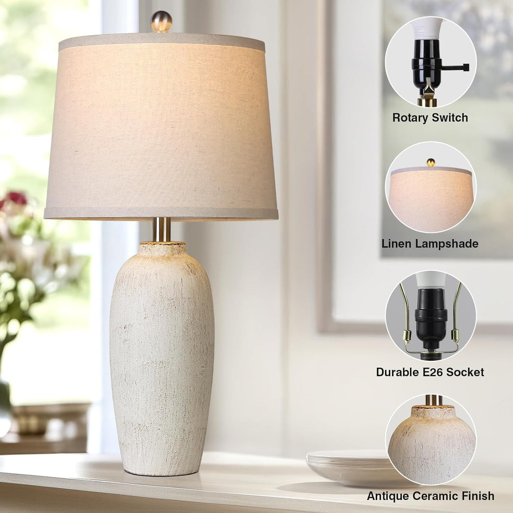 Jar Table Lamps Set of 2, 25" Ceramic Bedside Lamps for Bedroom, Beige Farmhouse Nightstand Lamps for Living Room