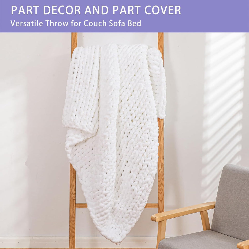 Chunky Knit Throw Blanket for Couch, 80X90 Inches, Pure White | Hand Knit with Jumbo Chenille, Soft Breathable Cable Knit for Sofa Bed Living Room, Machine Washable, Gift for Mom Friend