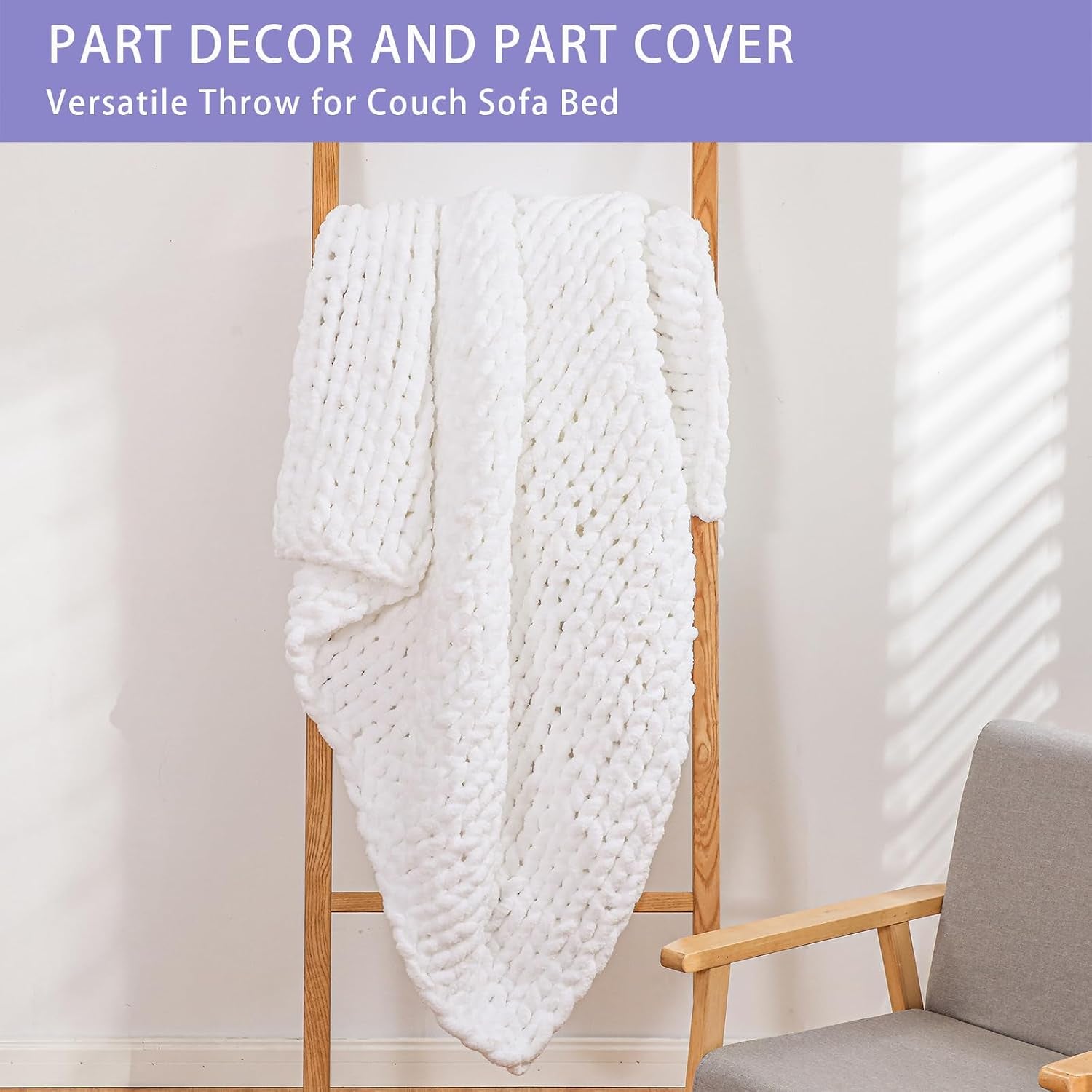 Chunky Knit Throw Blanket for Couch, 80X90 Inches, Pure White | Hand Knit with Jumbo Chenille, Soft Breathable Cable Knit for Sofa Bed Living Room, Machine Washable, Gift for Mom Friend