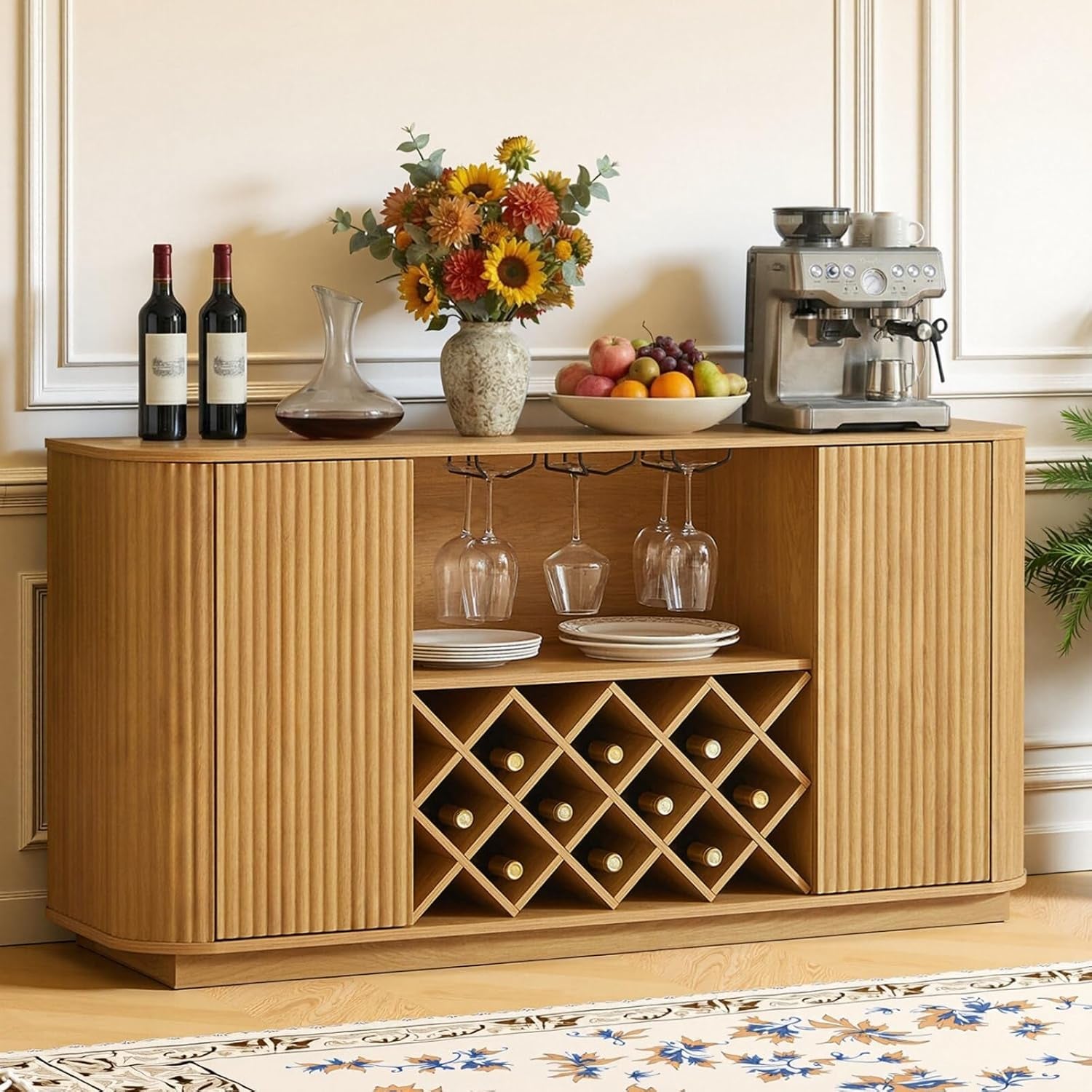 Fluted Wine Bar Cabinet with Storage, 58" Buffet Sideboard Cabinet Sideboard with Wine Rack & Glass Holder, Farmhouse Wine and Coffee Bar Cabinet for Living Room, Kitchen, Natural Color