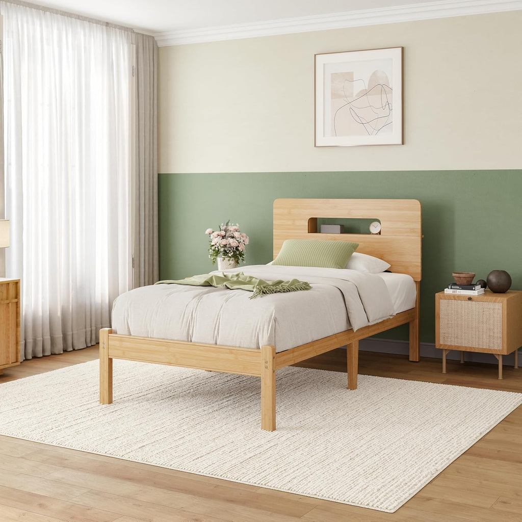Solid Bamboo Wood Bed Frame Twin with Storage Headboard, 14 Inch Platform Bed Frame Twin Size No Box Spring Needed with Steel Slats, Sturdy and Stable, Easy Assembly, Noise Free