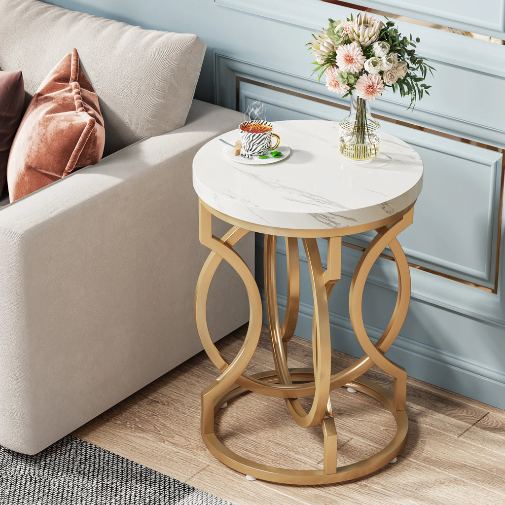 Modern round End Table with Thick Wood Top, 20“ Side Table Cocktail Table with Unique O-Shaped Base