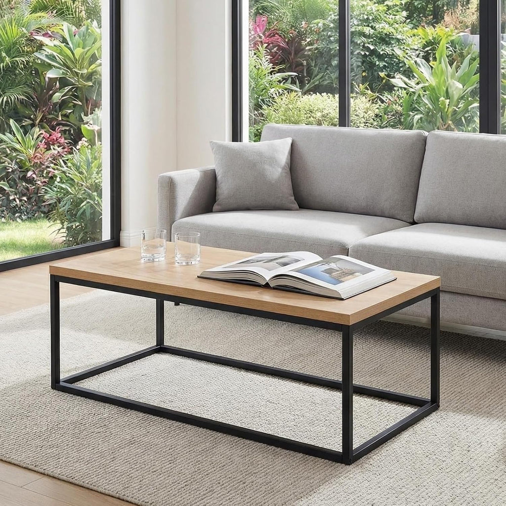 40" Natural Oak Coffee Table, Extra Thick 1.2" Top | Modern Industrial Style, Black Metal Legs, Rectangle Minimalist Design, Sturdy & Easy Assembly