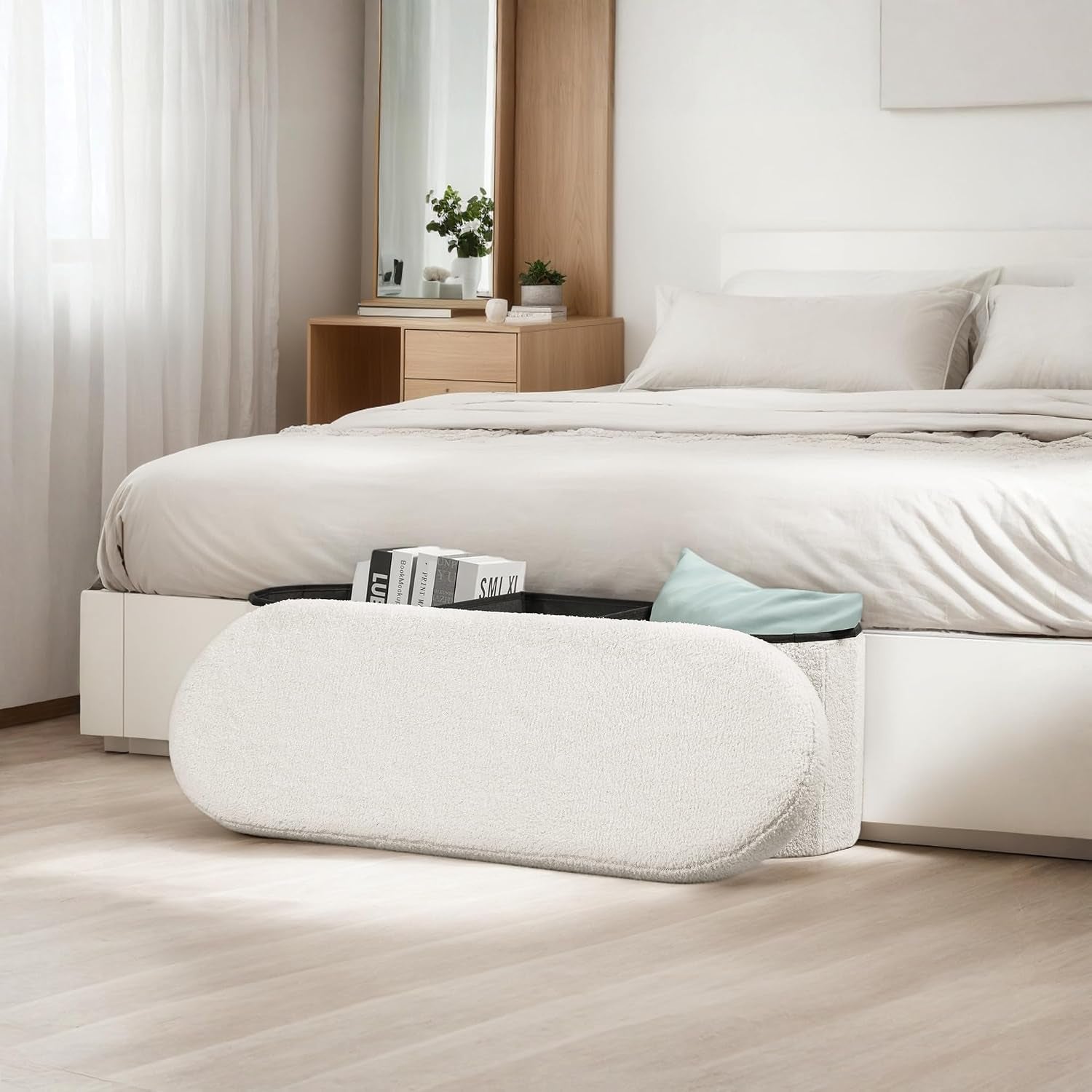 43.3 Inches Foldable Storage Ottoman Bench, Oval Footrest | Teddy Boucle Fabric, Hidden Storage, Soft Padded Seat, End of Bed Bench for Bedroom, Living Room and Entryway, White
