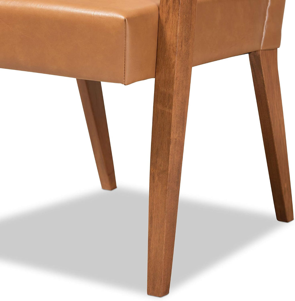 Andrea Mid-Century Modern Tan Faux Leather Upholstered and Walnut Brown Finished Wood 2-Piece Armchair Set