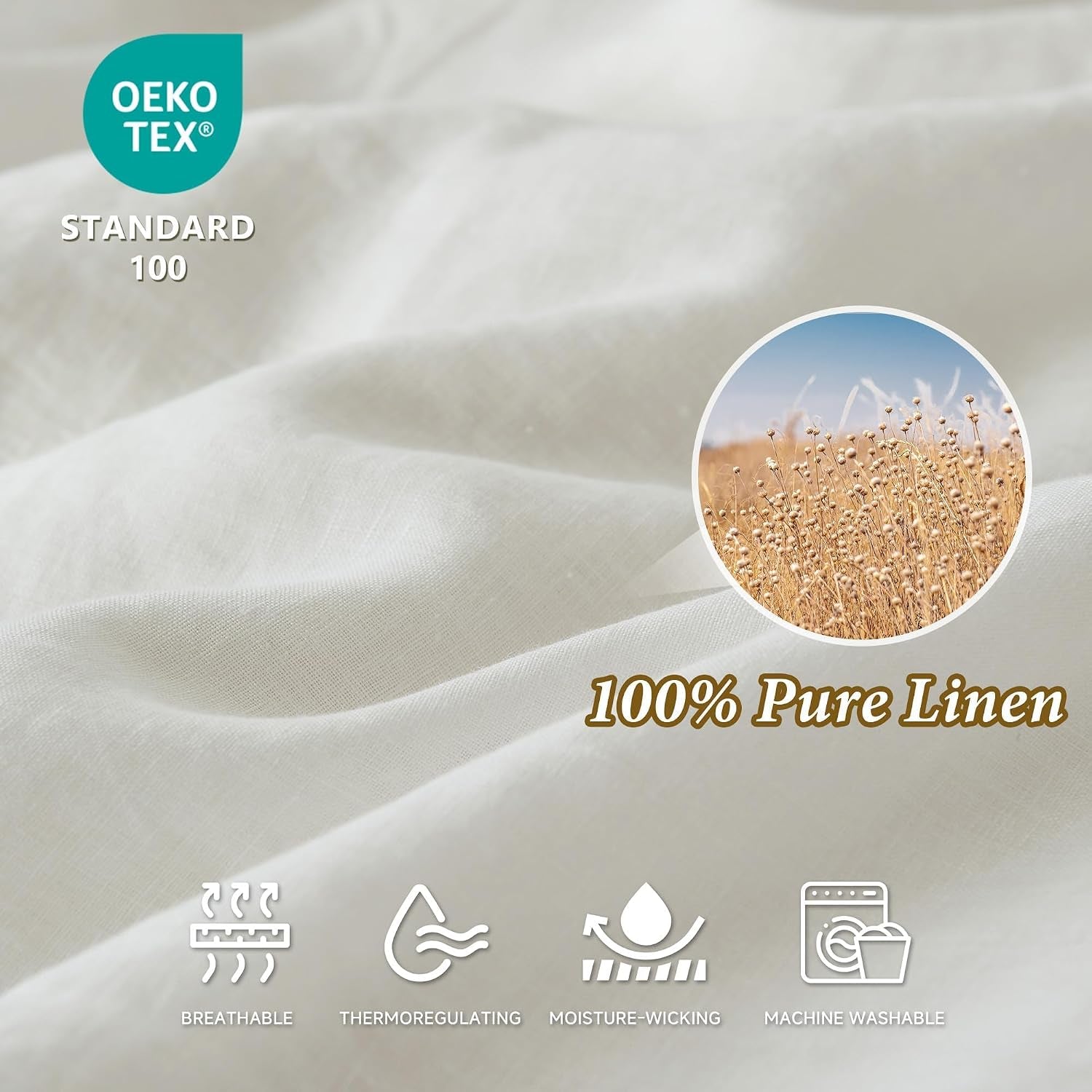 100% Linen Duvet Cover Set, 3 PCS Natural French Flax White Duvet Cover King Size, Breathable Soft Comfy Linen Bedding Comforter Cover with 2 Pillowcases(White, 104" X 92")