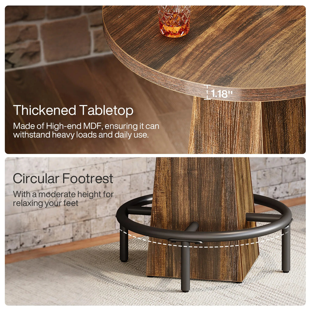 round Bar Table, 37.4" High Pub Table with Metal Footrest, Drink Bar Station for Small Bars, Dining Room, Kitchen, Brown (Only Table)