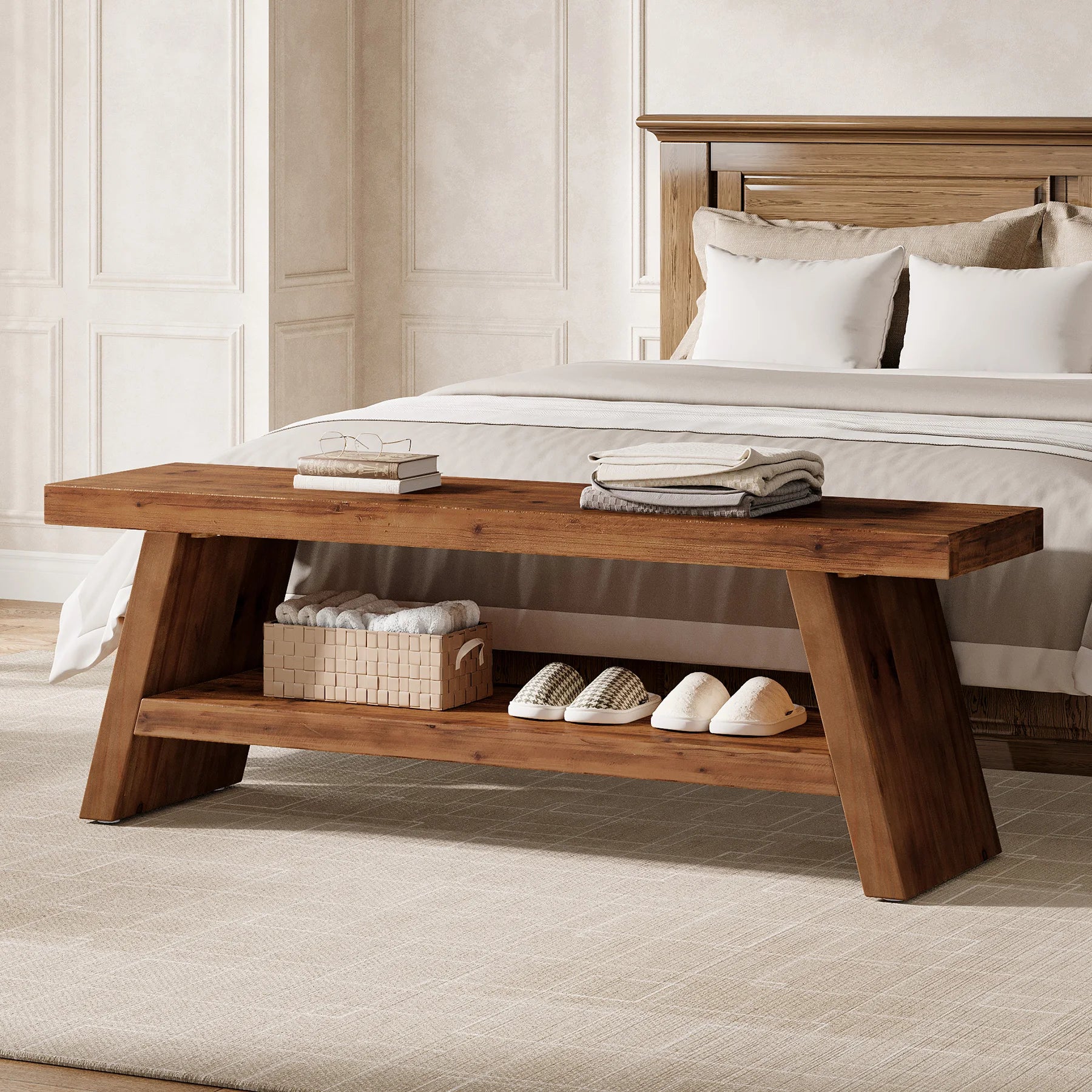 Tribesigns Solid Wood Entryway Bench, 2-Tier Wooden Storage Bench, Farmhouse Indoor Shoe Bench Seat for Entry, Living Room, Dining Room, Bedroom (Brown)