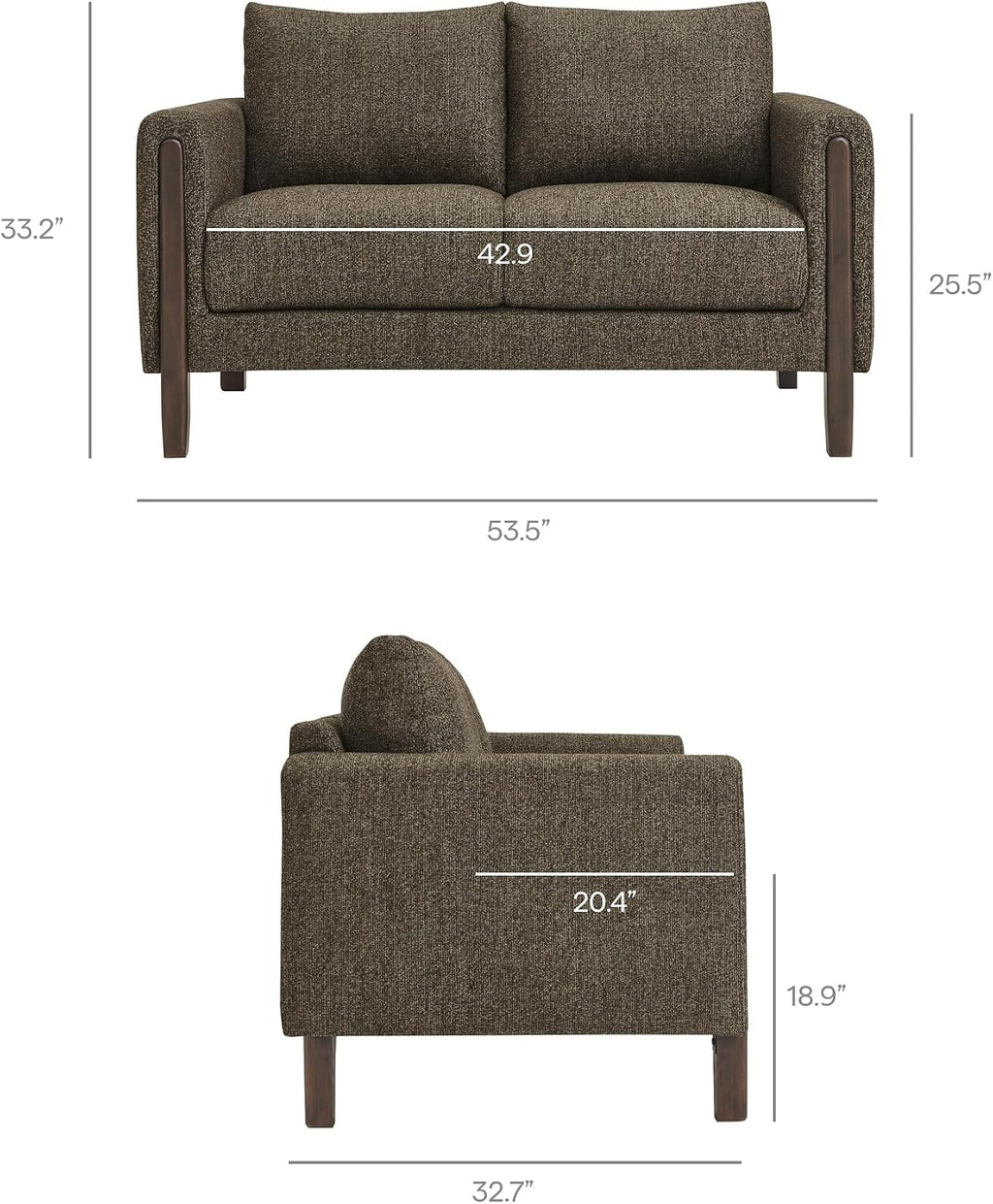 Hawken 54 Inch Boucle Loveseat in Antique Espresso with Wood Legs – Mid-Century Modern Small Space 2-Seater Sofa for Living Room, Bedroom, or Office Lounge