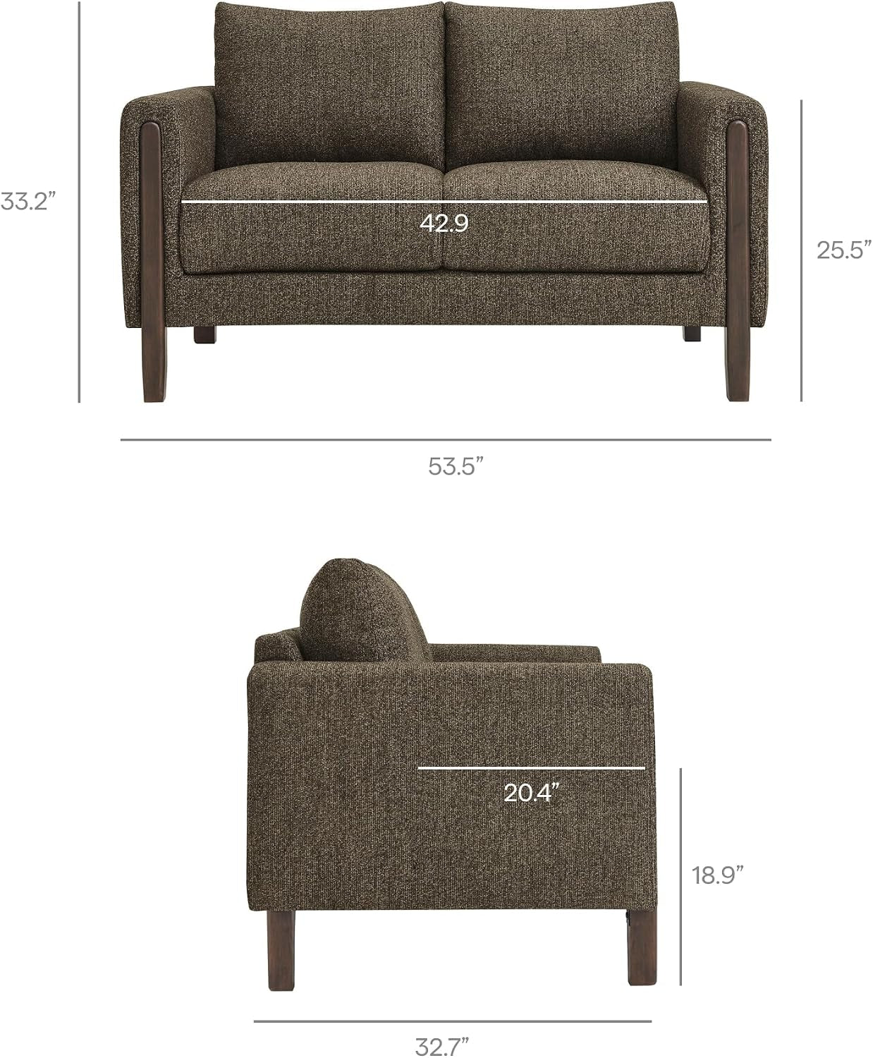 Hawken 54 Inch Boucle Loveseat in Antique Espresso with Wood Legs – Mid-Century Modern Small Space 2-Seater Sofa for Living Room, Bedroom, or Office Lounge
