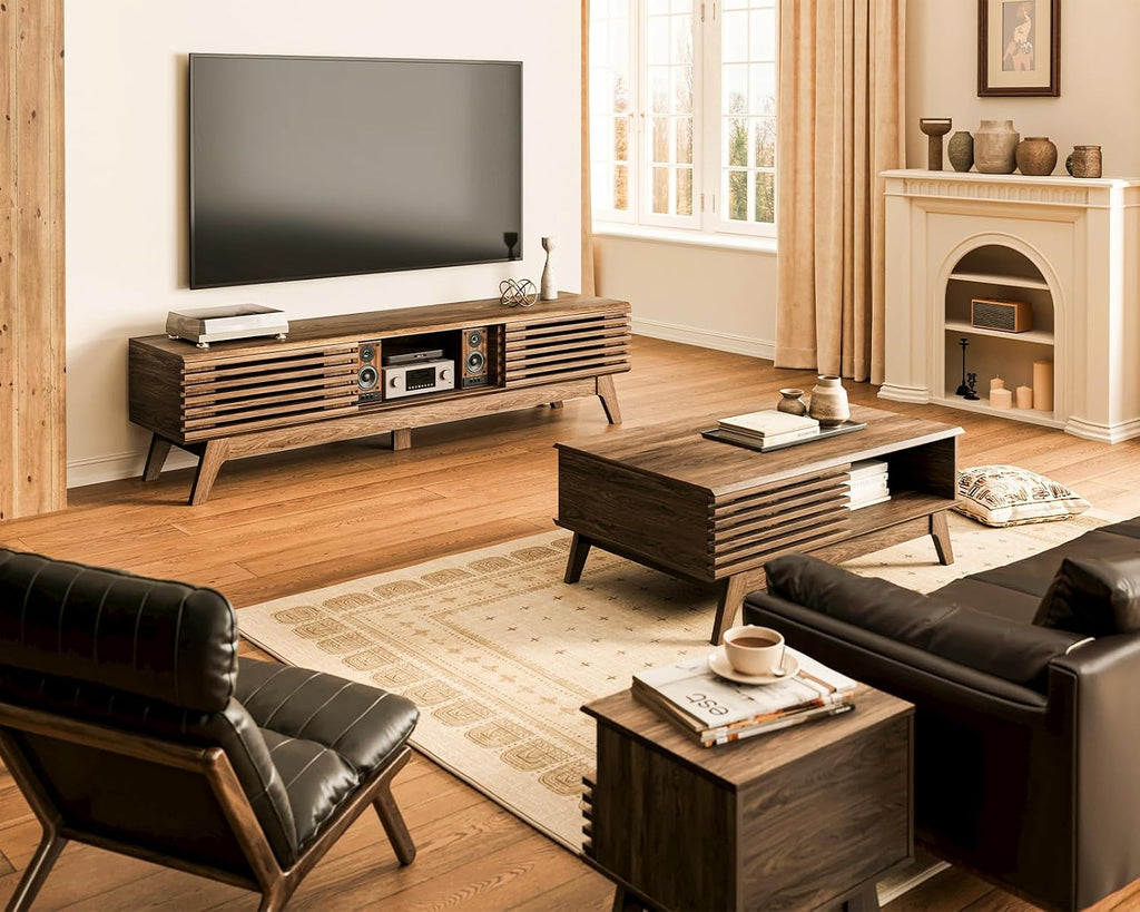59" TV Stand, Media Console for Tvs up to 65", Walnut | Mid-Century Modern Design, Fluted Sliding Doors, Storage Cabinets, Cable Management, Media Console for Living Room, Bedroom