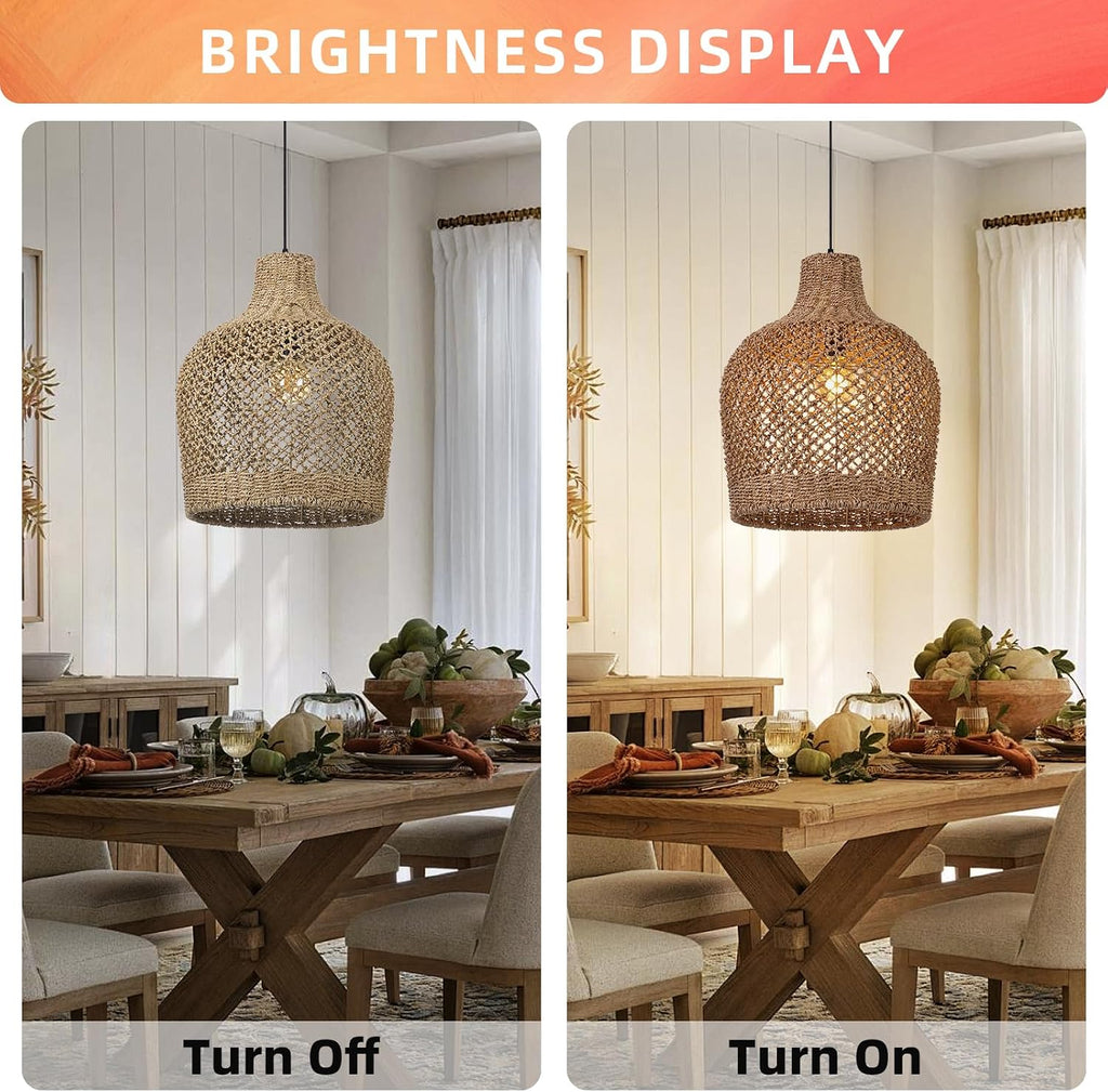 1 Light Rattan Pendant Light Rattan Chandelier Handwoven Boho Coastal Pendant Lampshade Wicker Basket Ceiling Light Hanging Light for Dining Living Room D 15.7″* 19.6″