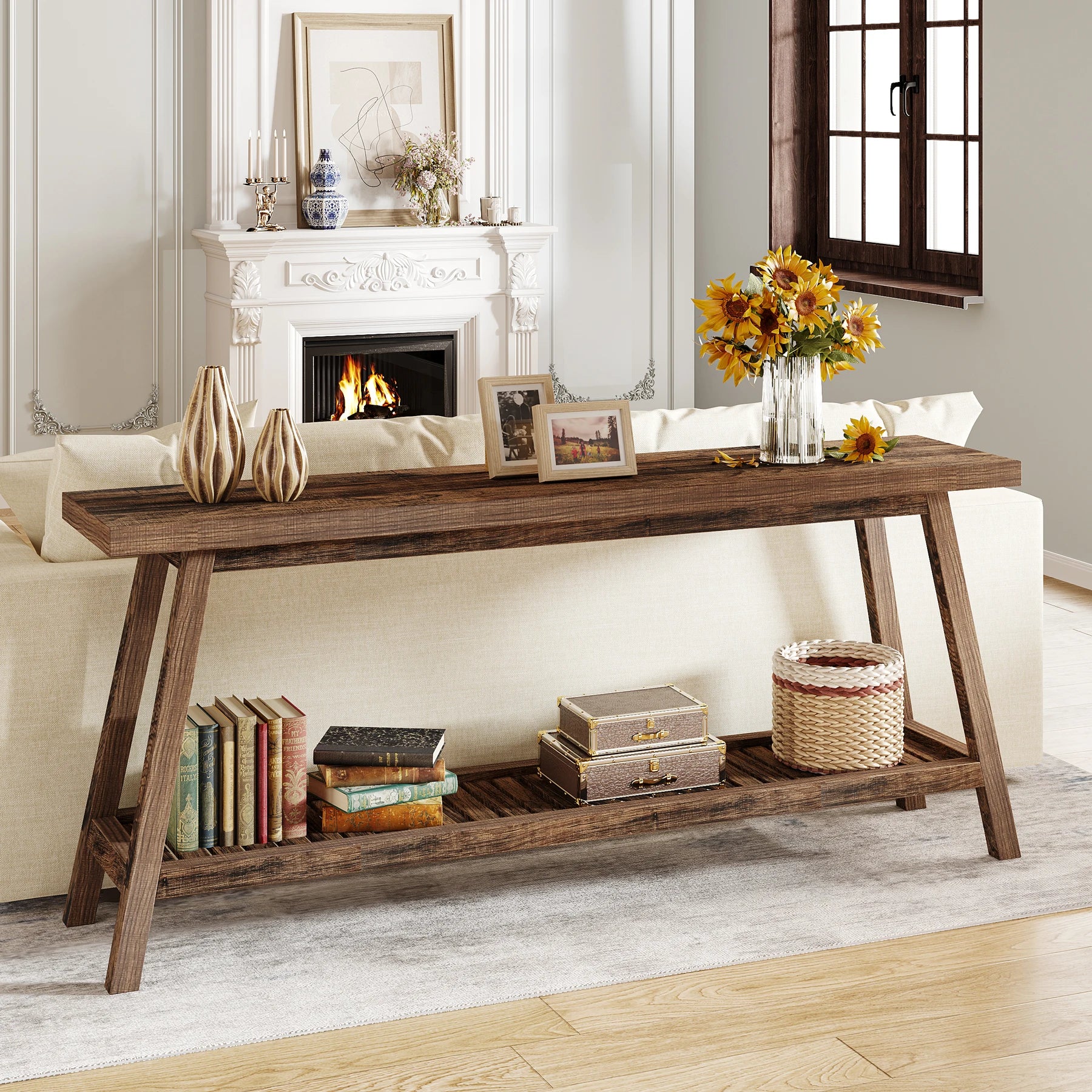 Farmhouse Console Entryway Table: 70.9 Inches All Wood Console Table for Entrance, 2 Tiers Narrow Long behind Couch S