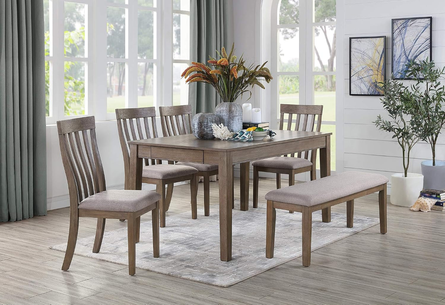 Blair Upholstered Dining Bench, 48" W Entryway Bench, Sturdy Solid Wood Frame, Wire Brush Brown Finish, Comfortable Cushion Seat, Easy Assembly, Modern & Traditional, Gray/Brown