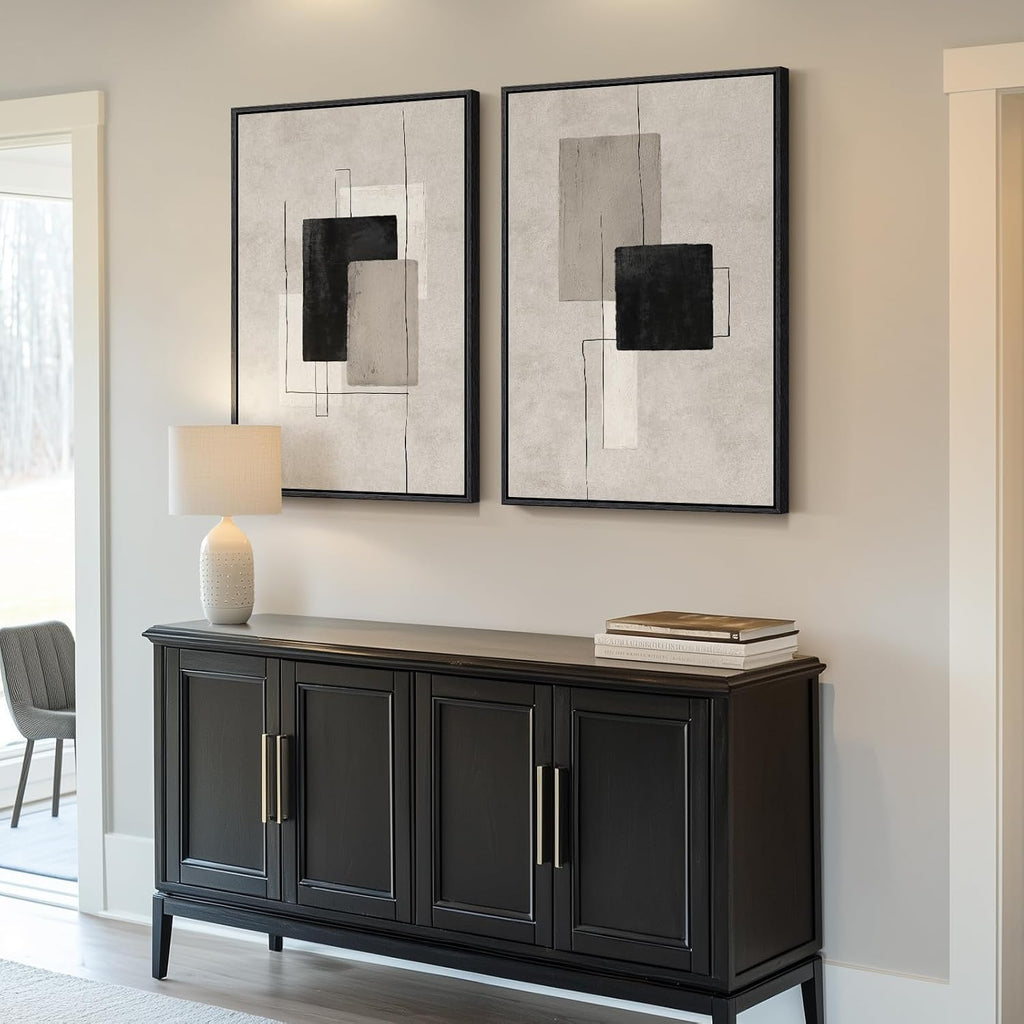 Large Framed Neutral Abstract Wall Art for Living Room Set of 2, 24X36 in | Block Lines, Canvas Prints, Modern Paintings, Minimalist Pictures, Black Beige, Geometric, Dining Room, Bedroom Wall Decor