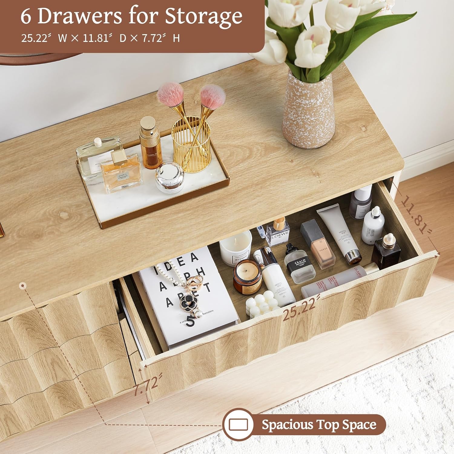 53" Wide Fluted 6 Drawer Dresser | Modern Storage Chest of Drawers, Wood Drawer Organizer for Bedroom, Living Room, Hallway