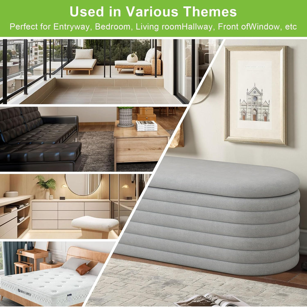 Storage Ottoman Bench,Chenille Upholstered Fabric Storage Bench for Bedroom End of Bed,Oval Ottoman with Storage & Safty Hinges,Entryway Bench for Living Room,Hallway,Front of Window,40"