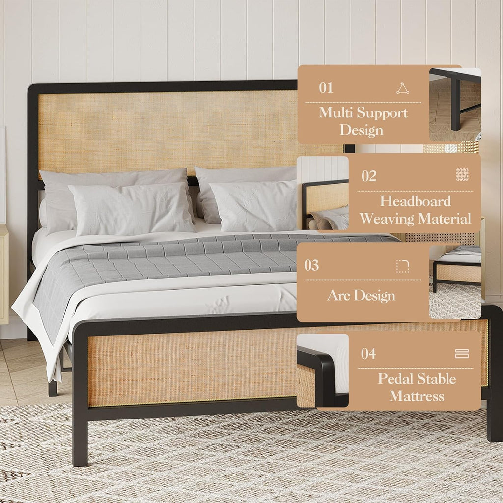Boho Rattan Queen Size Bed Frame with Headboard & Footboard, Sturdy Black Metal Platform Bed, Natural Rattan Headboard, Under-Bed Storage, No Box Spring Needed, Noise-Free Slat