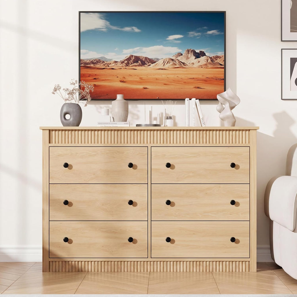 47" Fluted TV Stand with 6 Drawers, Modern Oak Media Console Cabinet, Wood Entertainment Center Storage Organizer for Living Room, Bedroom, Hallway, Entryway