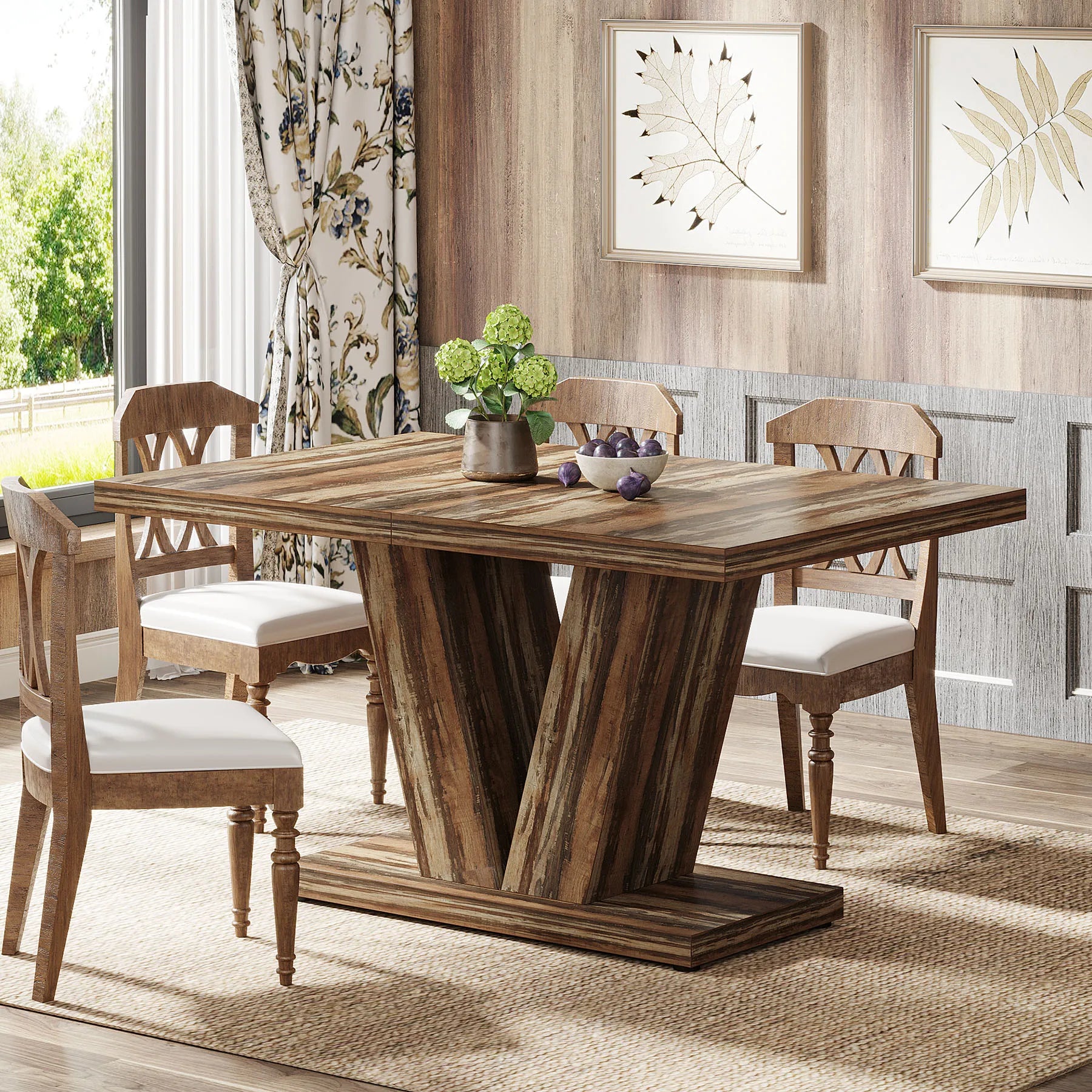 47-Inch Dining Table for 4-6, White Kitchen Dinner Table with Heavy Duty Pedestal, Farmhouse Wooden Eating Table