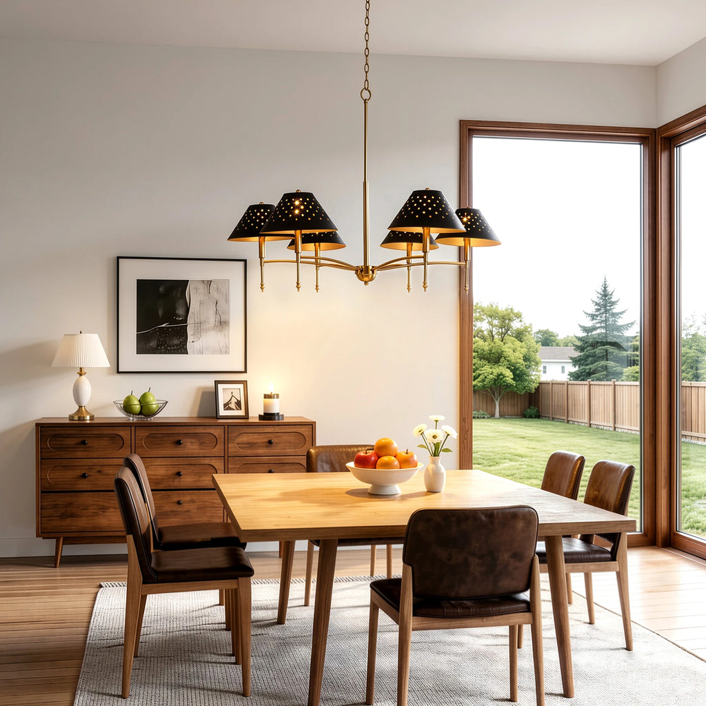 Tribesigns 6-Light Gold Chandelier with Matte Black Lampshade, 35" Farmhouse Dining Room Light Fixture over Table