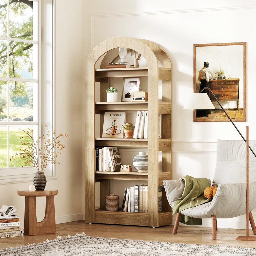 70.87” Tall Arched Bookshelf, Rustic Oak Bookcase with 5-Tier Storage, Modern Decorative Display Shelf for Living Room, Bedroom, Office (31.5” W X 11.81” D)