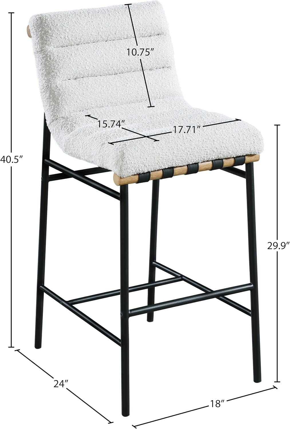 Meridian Furniture 846Cream-C Burke Collection Modern | Contemporary Bar Stool with Rich Cream Boucle Fabric, Matte Black Metal Frame, White Oak Veneer Metal Dowel, 18" W X 24" D X 40.5" H, Cream