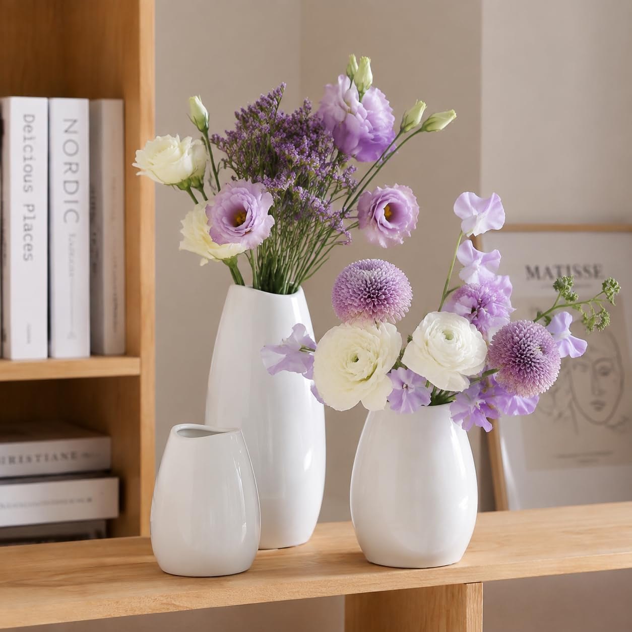 Ceramic Vase Set of 3 White Flower Vase for Home Decor, Modern Decorative Vases for Flowers/Ideal Shelf Decor/Table/Living Room/Kitchen/Office-White