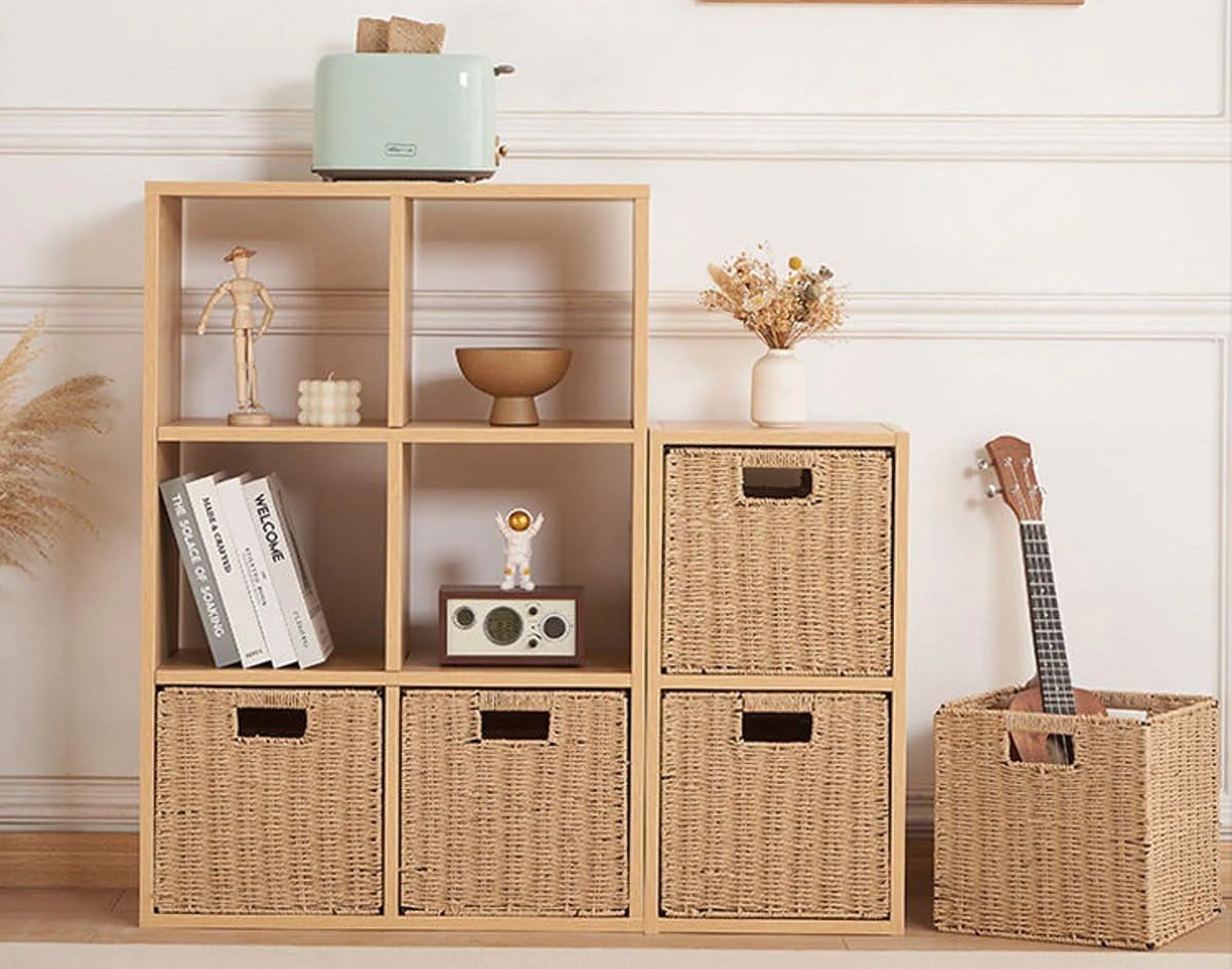 8.6 Inch Set of 2 Wicker Baskets, Woven Storage Baskets for Shelves with Handles, Foldable Cube Storage Basket Bins
