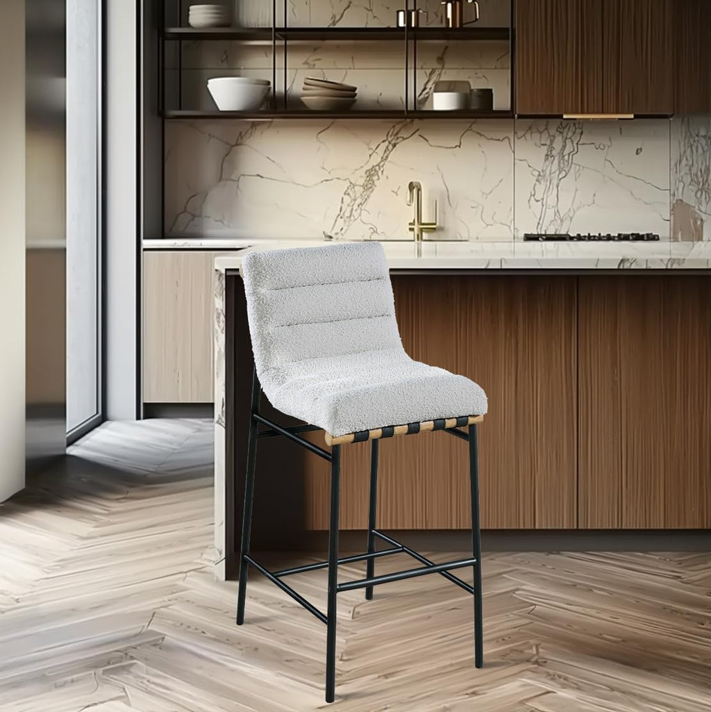 Meridian Furniture 846Cream-C Burke Collection Modern | Contemporary Bar Stool with Rich Cream Boucle Fabric, Matte Black Metal Frame, White Oak Veneer Metal Dowel, 18" W X 24" D X 40.5" H, Cream