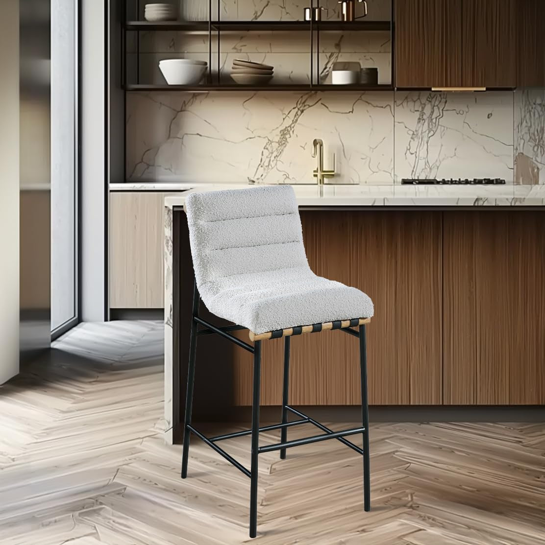 Meridian Furniture 846Cream-C Burke Collection Modern | Contemporary Bar Stool with Rich Cream Boucle Fabric, Matte Black Metal Frame, White Oak Veneer Metal Dowel, 18" W X 24" D X 40.5" H, Cream