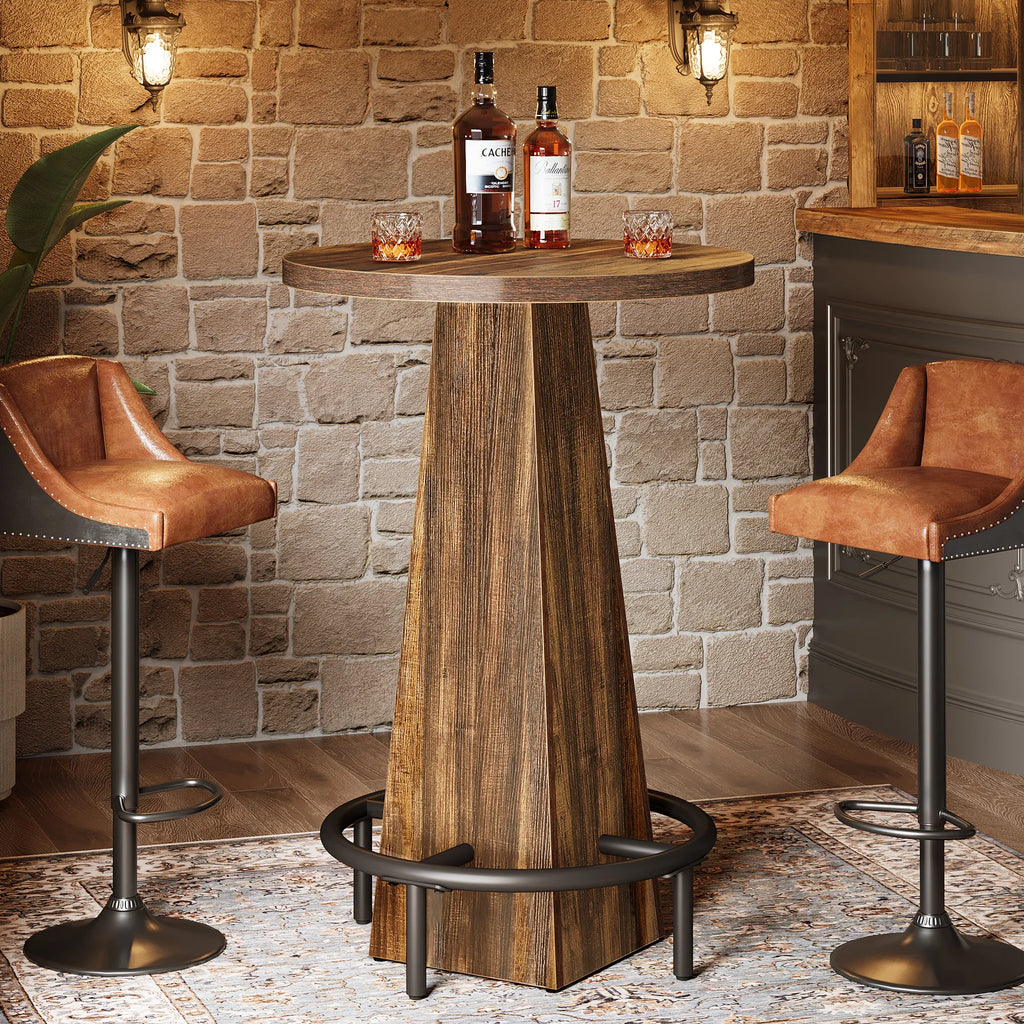 round Bar Table, 37.4" High Pub Table with Metal Footrest, Drink Bar Station for Small Bars, Dining Room, Kitchen, Brown (Only Table)