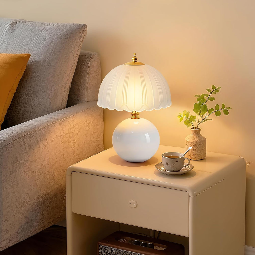 Mushroom Table Lamp, Ceramic Bedside Lamp with Glass Shade, 3-Way Lighting (2700K-5000K) Rocker Switch, Small Nightstand Lamp for Bedroom, Living Room, Office, White