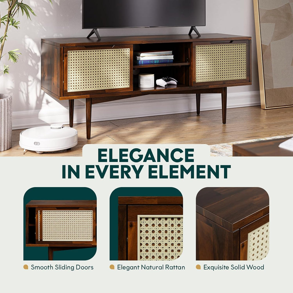 Oliver Modern Solid Wood TV Stand for 55-Inch Tvs – Rattan Door Media Console with Storage, Fluted Entertainment Cabinet for Living Room – Walnut