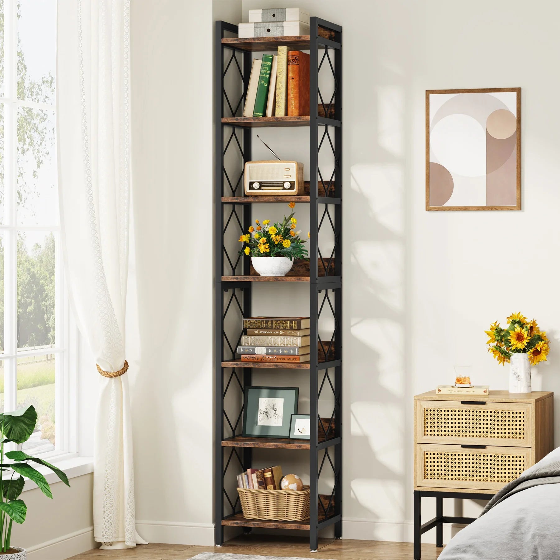 78.7 Inch Extra Tall Narrow Bookshelf, 7 Tier Skinny Bookcase for Small Spaces, Freestanding Display Shelves