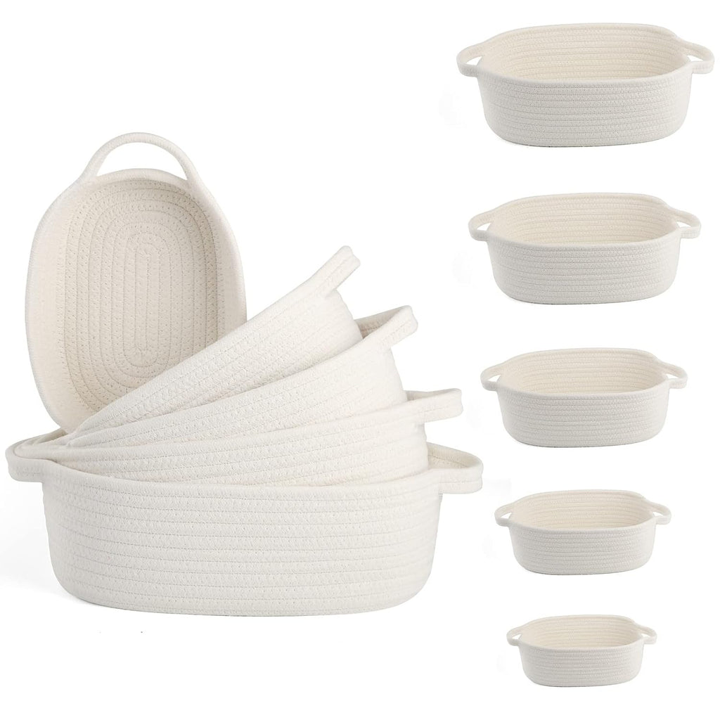 Set of 5 Rectangular Cotton Rope Baskets for Storage, Organizing, Decorating, off White