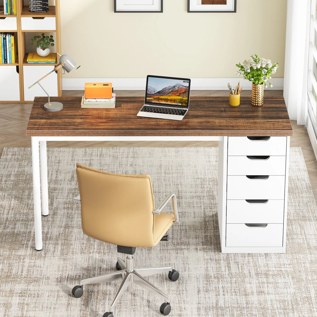 Computer Desk with 5 Drawers, 47 Inches Rustic Brown Home Office Desk with Storage, Modern Simple Laptop Desk Study W
