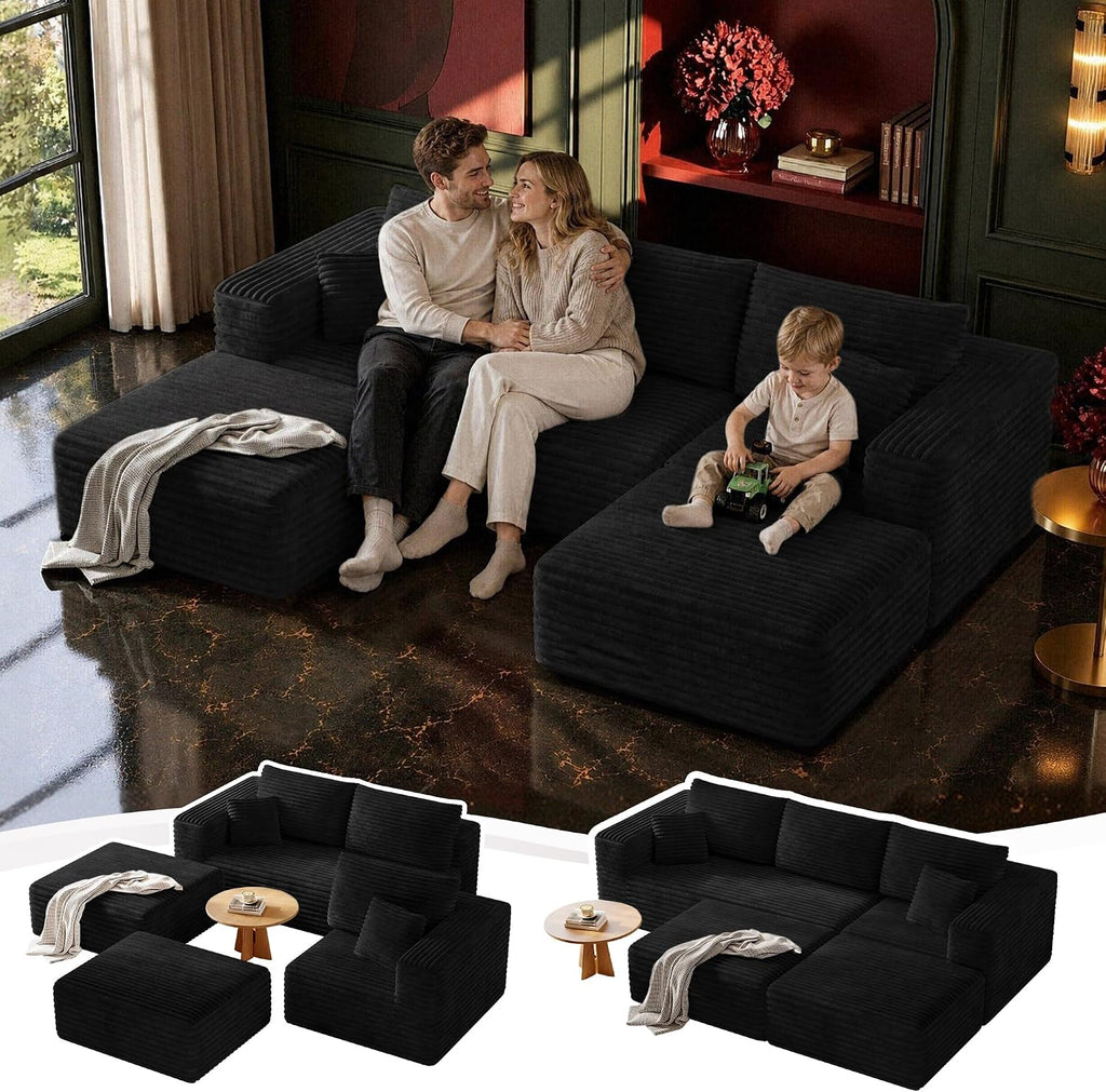 108" Boneless Sectional Cloud Couch for Living Room | U Shaped Sofa, Deep Seat, 2 Ottomans, Soft Corduroy Couches, No Assembly, Moudalr Couch in a Box (Black)